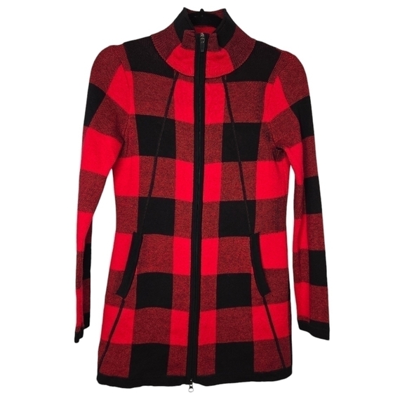 ADRIENNE VITTADINI Women's Buffalo Checkered Cardigan Sweater Red/Black Size XS - Picture 1 of 8